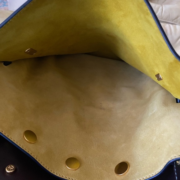 LARGE Tory Burch Lee Radziwill Double Bag Leather Suede Navy Yellow NO STRAP! - Picture 15 of 16
